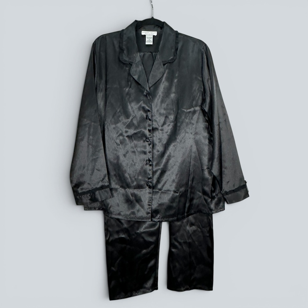 Morgan Taylor Intimates Womens Black Satin Pajama Set Ruffle Trim Size M 2 Piece